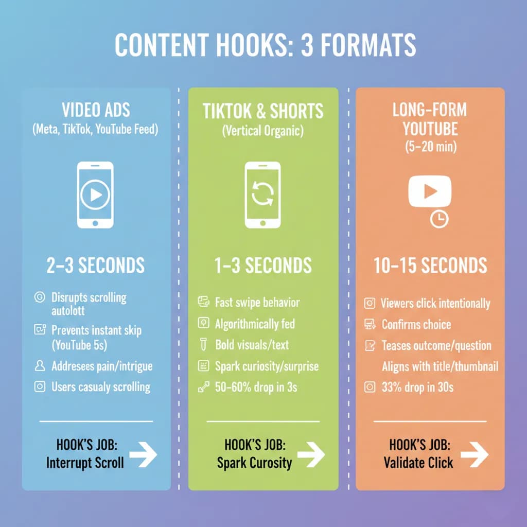 Content hooks by format: video ads, TikTok & Shorts, and long-form YouTube.